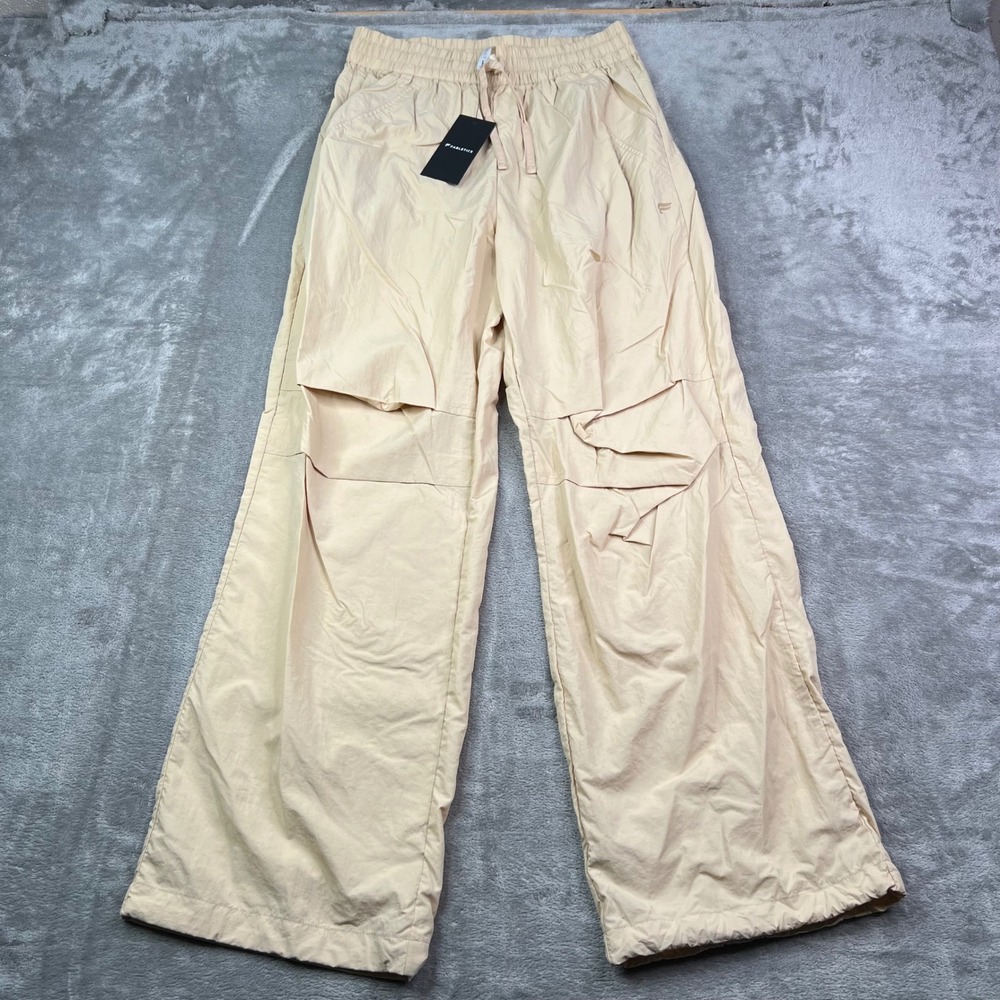 Fabletics Woven Crinkle Cargo Pants Womens XS Tan Wide Leg Nylon Elastic Waist